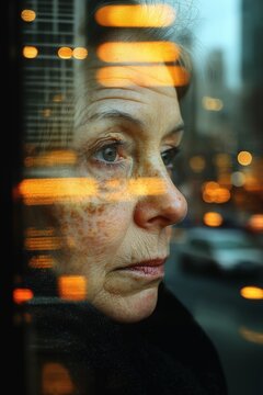 Gesicht einer &auml;lteren Frau, die aus dem Fenster schaut in einer abendlich beleichteten Stadt, deren Lichter auf der Fensterscheibe zu sehen sind