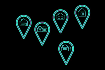 Real estate. Marks with houses on black background, illustration