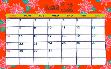 2025年12月の月間カレンダー