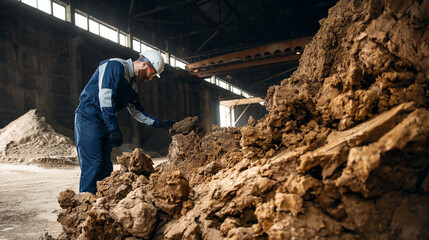 Fototapeta premium Engineer worker control quality clay for brick production, Ceramic factory industry