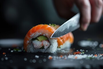Delicately arranged sushi rolls with fresh ingredients served on a textured stone plate in an elegant dining setting