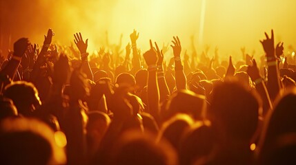 A large crowd of people with their hands raised in the air at a concert, illuminated by stage lights.