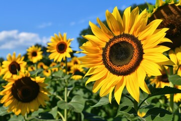 A vibrant field of sunflowers reaching for the bright blue sky under fluffy white clouds during a sunny summer day