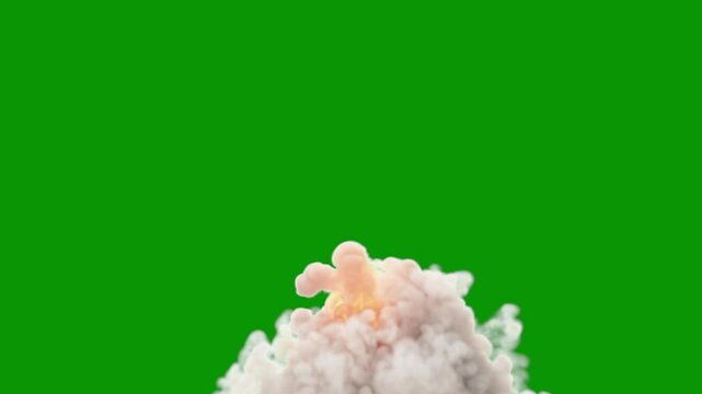 White smoke billows from rocket or missile launch as bright thrust rises, green screen for transparent background, 24P