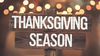 Wooden sign with text "thanksgiving season" with bokeh lights and weathered appearance