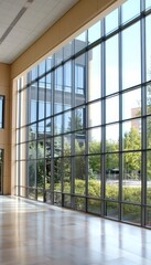 Modern Empty Spacious Office Lobby Interior With Transparent Glass Wall Windows, Minimalist Design