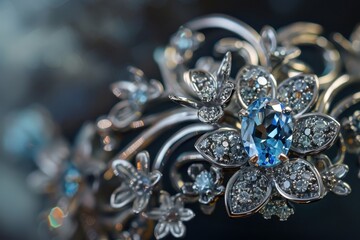 Fototapeta premium A delicate golden bracelet featuring intricate floral designs and shimmering gemstones held carefully by hands wearing white gloves in a well-lit studio