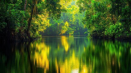 A tranquil river flows through a lush green rainforest, with sunlight reflecting off the water's surface.