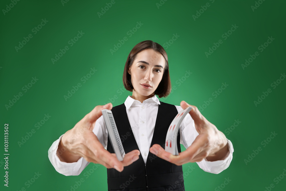 Wall mural Professional croupier shuffling cards on green background