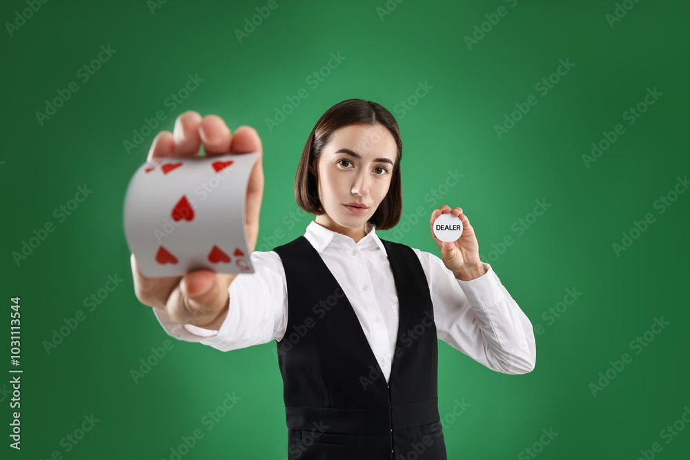 Wall mural Croupier with cards and dealer button on green background