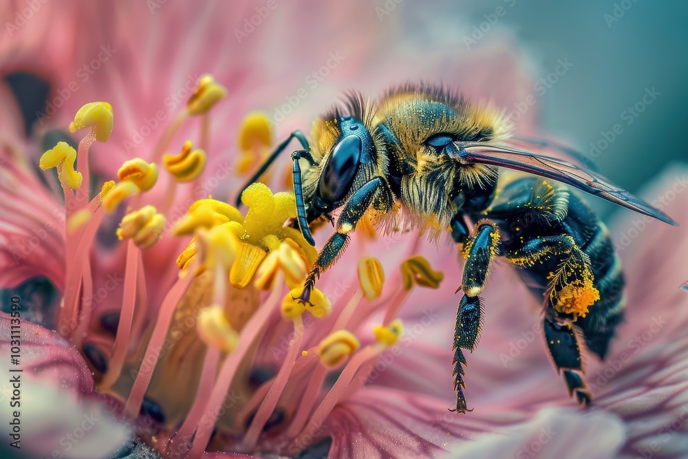 Poster a close-up view of a bee collecting pollen from a delicate blossom on a warm spring day in a vibrant