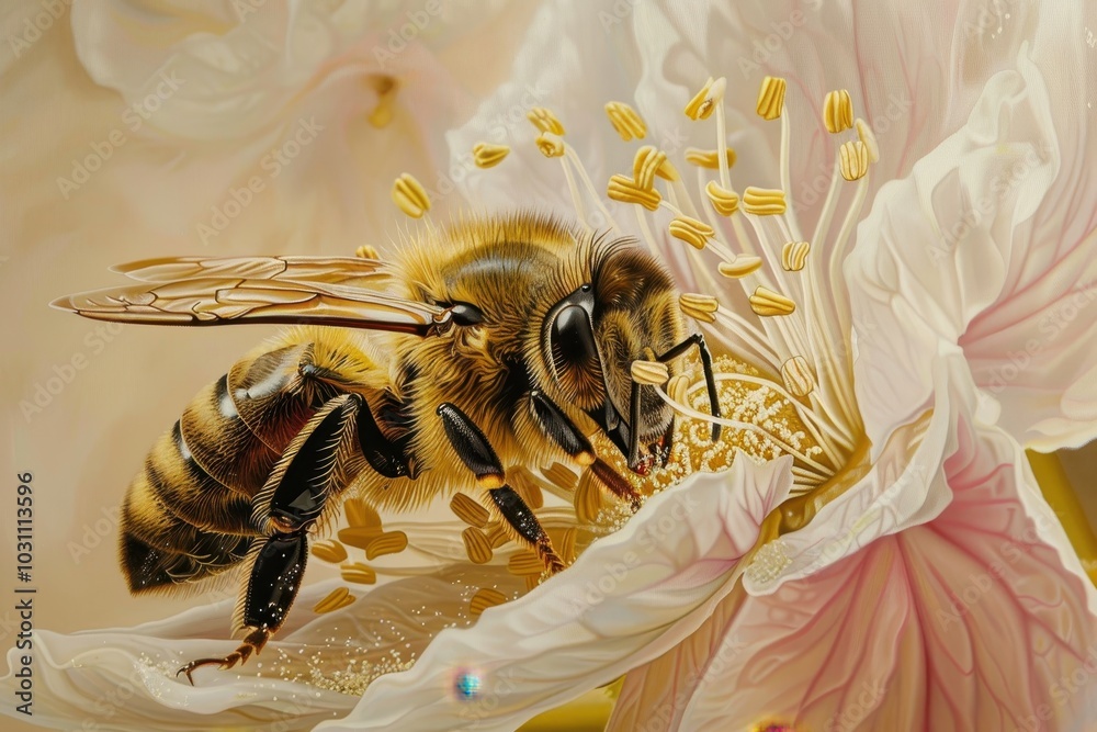 Poster a close-up view of a bee collecting pollen from a delicate blossom on a warm spring day in a vibrant