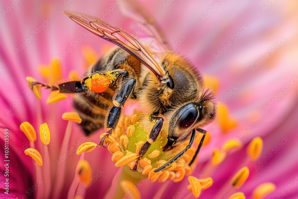 Poster a close-up view of a bee collecting pollen from a delicate blossom on a warm spring day in a vibrant