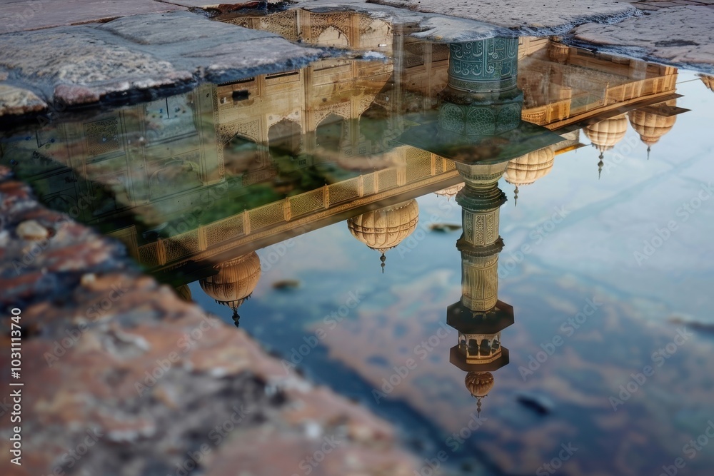 Aufkleber reflection of historic architecture in shallow water showcasing the intricate details of minarets an