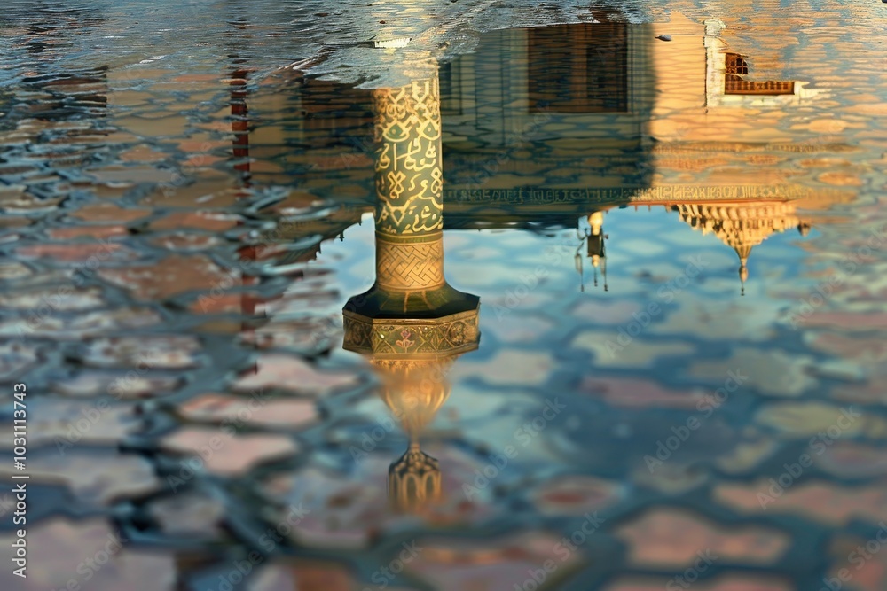 Aufkleber reflection of historic architecture in shallow water showcasing the intricate details of minarets an