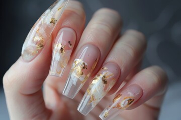 Elegant black and white marbled nail art with gold accents on well-manicured hands captured in a close-up setting