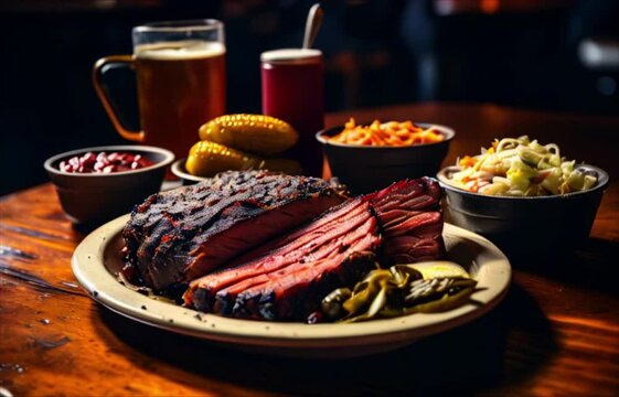 Roasted Texas style beef brisket flat steak on plate. Pork ribs, bbq chicken or turkey with vegetables. Barbecue dish
