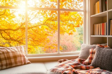 Cozy autumn view from a window with colorful leaves and a comfortable nook filled with blankets and...