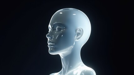 A sleek, modern bust of a female figure, crafted from a transparent, refractive glass material that catches and bends light in intriguing ways.