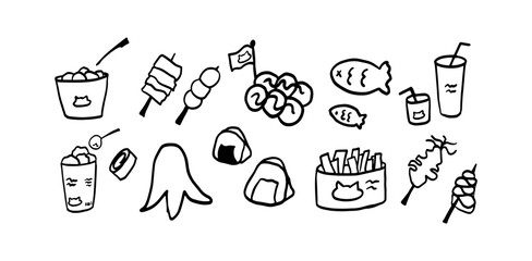 Obraz premium Street Food Minimalist Doodle Set | Two Color Black & White Vector Illustration | Perfect for food blogs, menus, and culinary projects