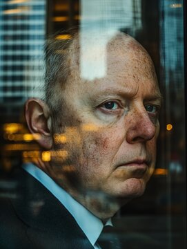 Ein &auml;lterer Mann schaut m&uuml;de aus einem Fenster in einer Gro&szlig;stadt, worin sich die H&auml;userfassaden und Lichter spiegeln