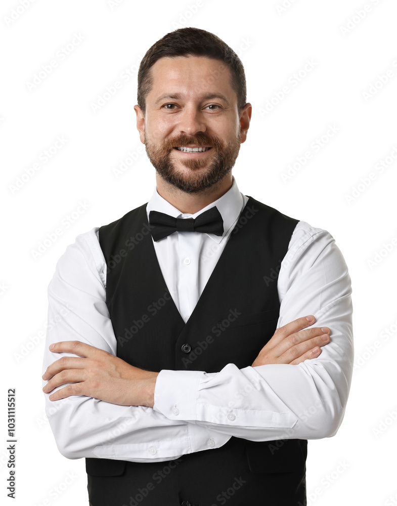 Wall mural Portrait of professional croupier on white background