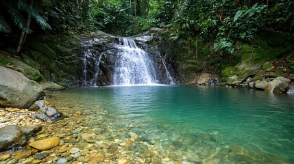 Fototapeta premium A serene waterfall cascades into a clear, turquoise pool surrounded by lush greenery.