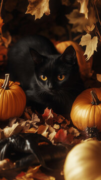 Black cat, pumpkins, autumn theme, halloween atmosphere