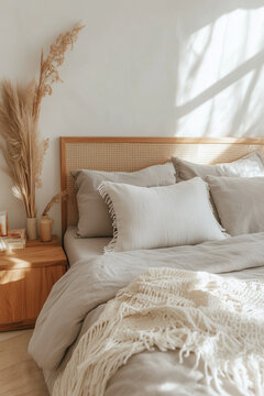 A minimalist boho bed with light grey bedding, accented by a fringed white throw and a wooden headboard