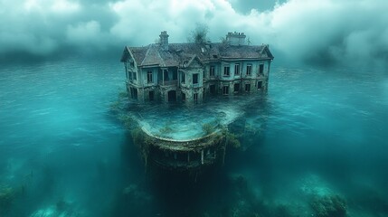 An eerie, submerged house surrounded by water, evoking themes of decay and nature's power.