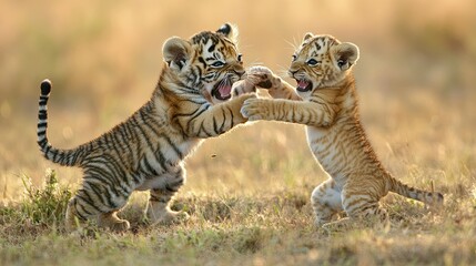 Two playful tiger cubs stand on their hind legs and playfully wrestle with each other in a grassy field.