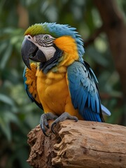 Obraz premium Beautiful blue and yellow macaw parrot close-up. Generated with AI.