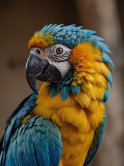 Obraz premium Beautiful blue and yellow macaw parrot close-up. Generated with AI.