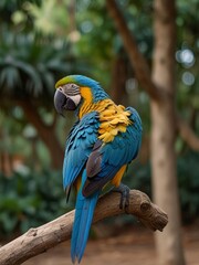 Obraz premium Beautiful blue and yellow macaw parrot close-up. Generated with AI.