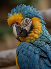 Obraz premium Beautiful blue and yellow macaw parrot close-up. Generated with AI.