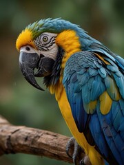 Obraz premium Beautiful blue and yellow macaw parrot close-up. Generated with AI.