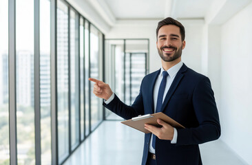 Fototapeta premium Portrait of a happy and successful realtor, businessman and real estate agent presents a new home or office. His role as a consultant highlights expertise in the real estate market.