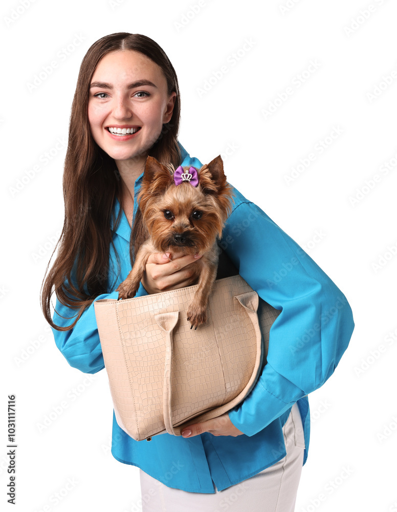 Poster Beautiful young woman holding bag with cute Yorkshire Terrier dog isolated on white