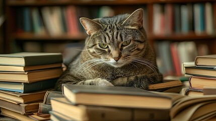 A tabby cat sits on a table surrounded by books.