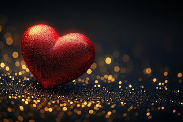 Fototapeta premium Red glitter heart on black background. Happy Valentine's Day banner with copy space