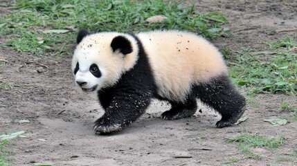 Obraz premium A cute baby panda cub walks on the ground with dirt on its fur.