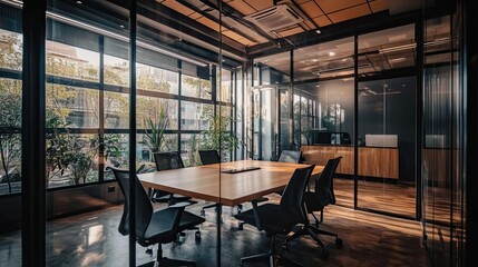 Modern office meeting room with large windows, wooden table, and black chairs.