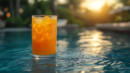 A tall glass of orange juice with ice cubes sits on the edge of a pool with the sunset in the background.