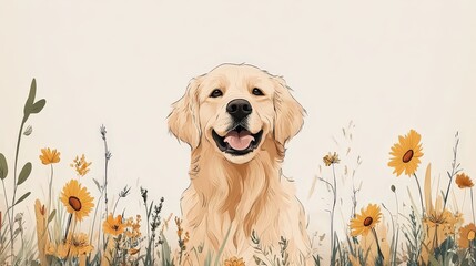 Whimsical Golden Retriever Doodle Tattoo in Cottagecore Style on White Background