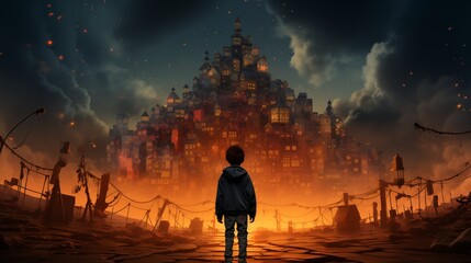 Fototapeta premium Young school kid with backpack is standing near numbers