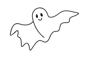  Ghost single line art. Creepy flying ghost. Outline hand drawing. Minimal doodle illustration. Spooky Halloween. Spirit outline simple illustration. Night sky.with white background.