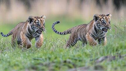 Naklejka premium Two cute tiger cubs running through a grassy field.