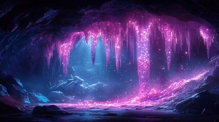 A mystical cave with glowing crystal formations and vibrant colors.