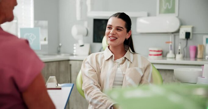 Dental, high five and happy woman at dentist for cleaning, oral hygiene and medical checkup. Consulting, good news and healthcare advice with patient at clinic for orthodontist, treatment and exam