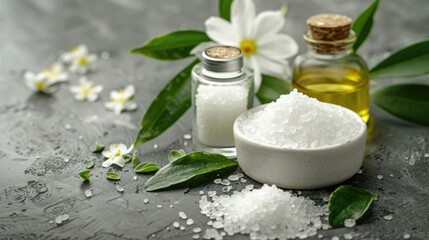 Salt and organic oil with lotion and cream and herb leaf on the table , ingredient for produce skin cosmatic.